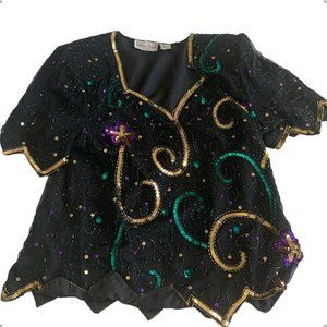 NWT Laurence Kazar 100% silk Sequins Beaded Vintage Women Tops Blouse Plus Size